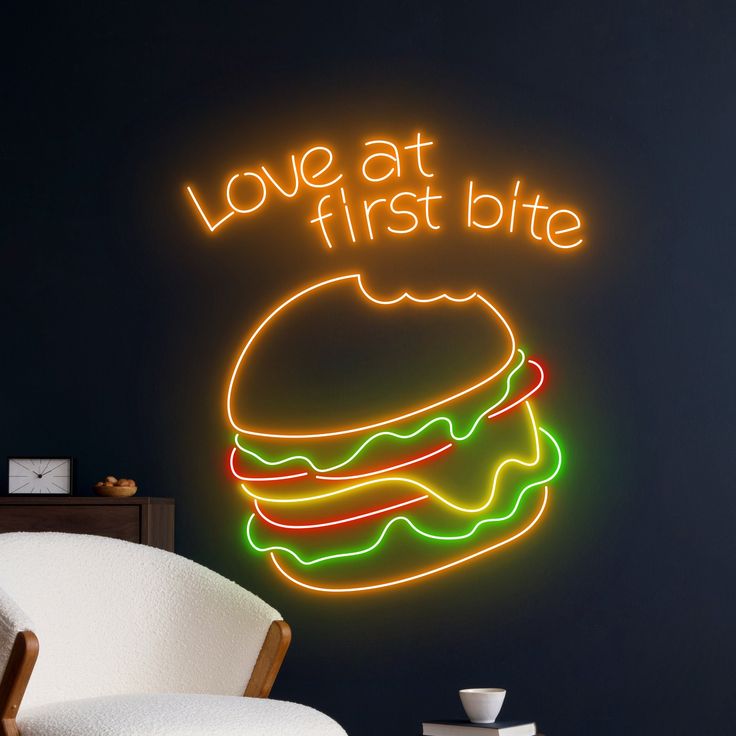 Burger Neon Sign - Love at First Bite Neon Decor