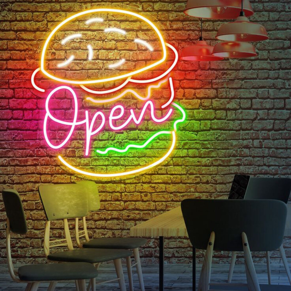 Burger Open Neon Sign - Restaurant Open Sign